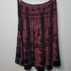 MSK Burgundy Full A Line Midi Skirt with Black Velvet Applique Size XL